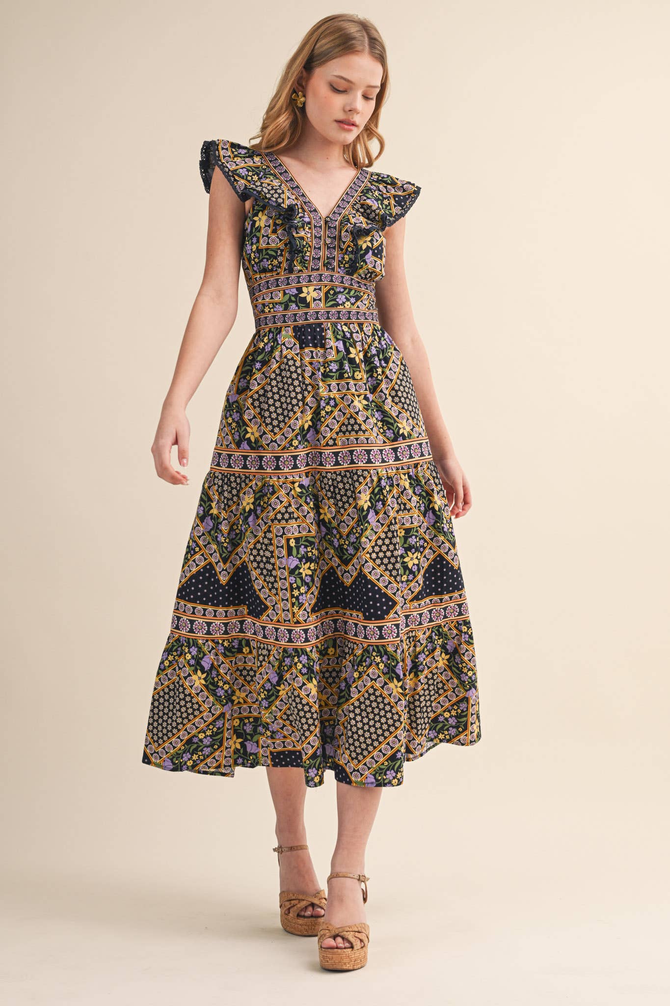 EXCLUSIVE FLORAL PRINT FLUTTER SLEEVE MIDI DRESS MDR4717