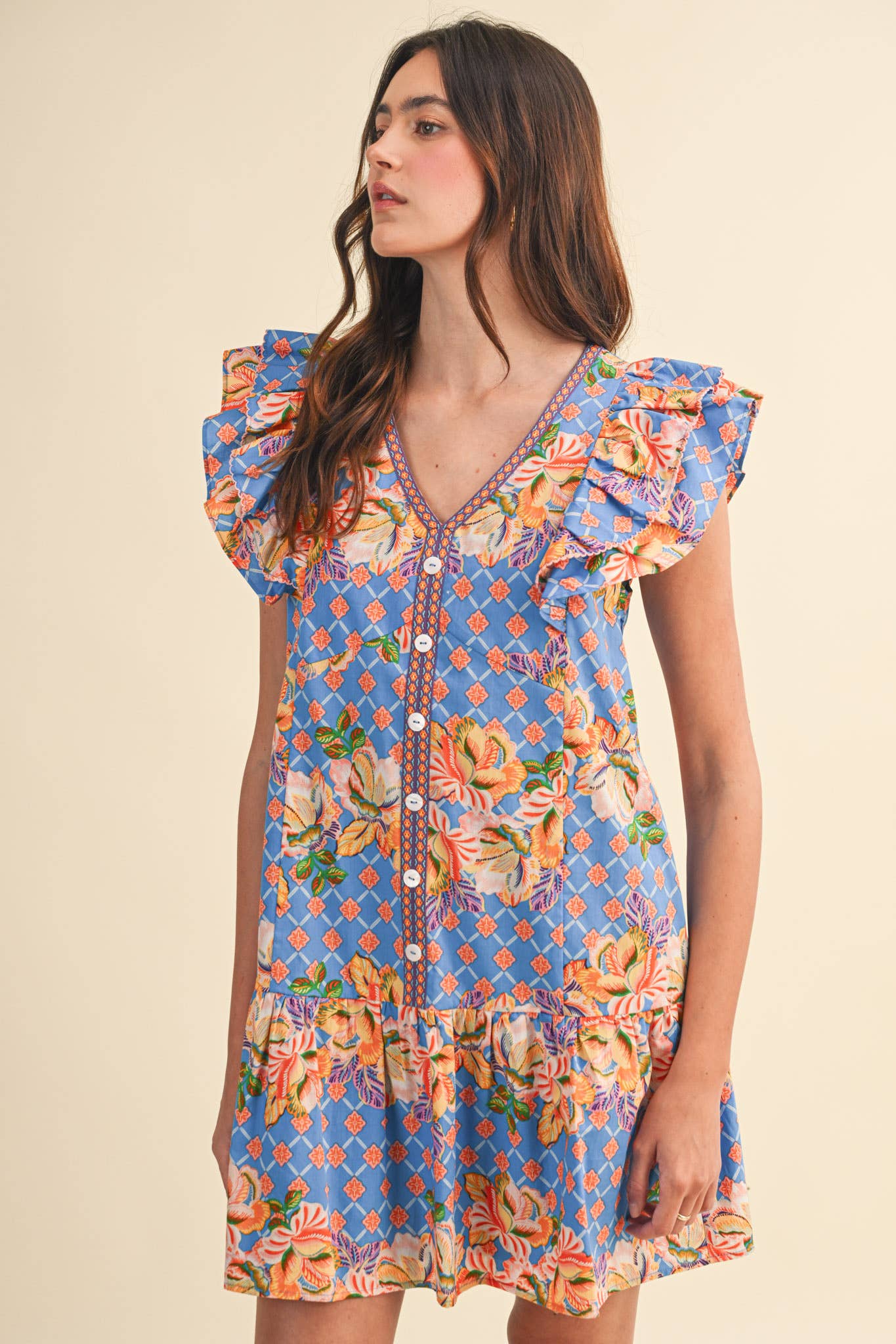 EXCLUSIVE FLORAL PRINT FLUTTER SLEEVE MINI DRESS MDR4722