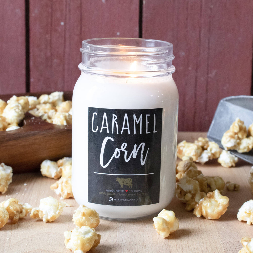 Milkhouse Candle Company - 13 oz Mason Jar Fall Candle: Caramel Corn