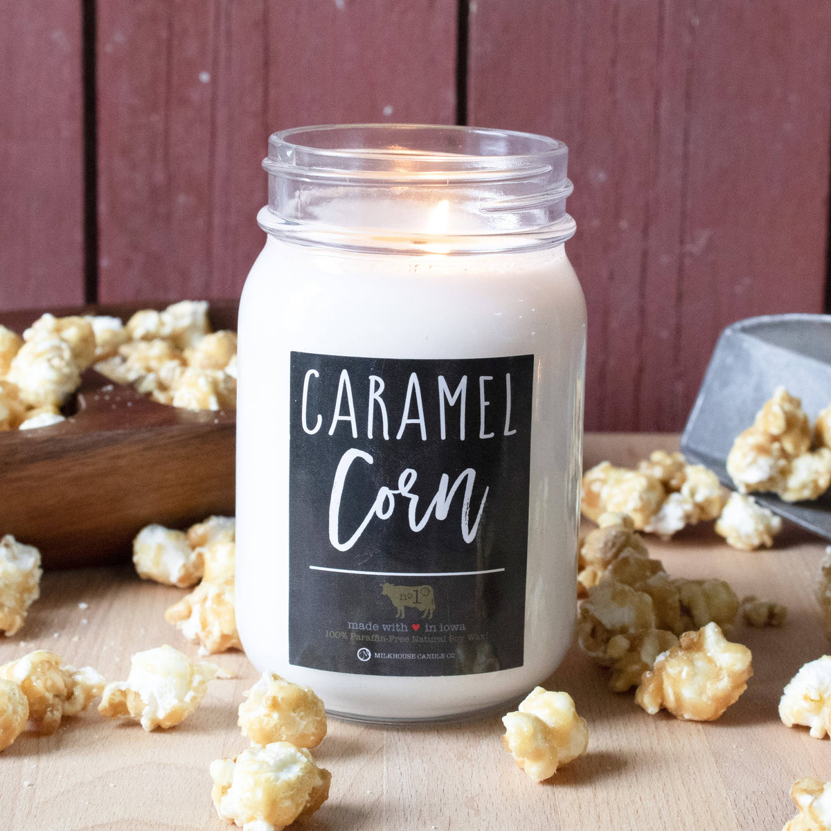 Milkhouse Candle Company - 13 oz Mason Jar Fall Candle: Caramel Corn
