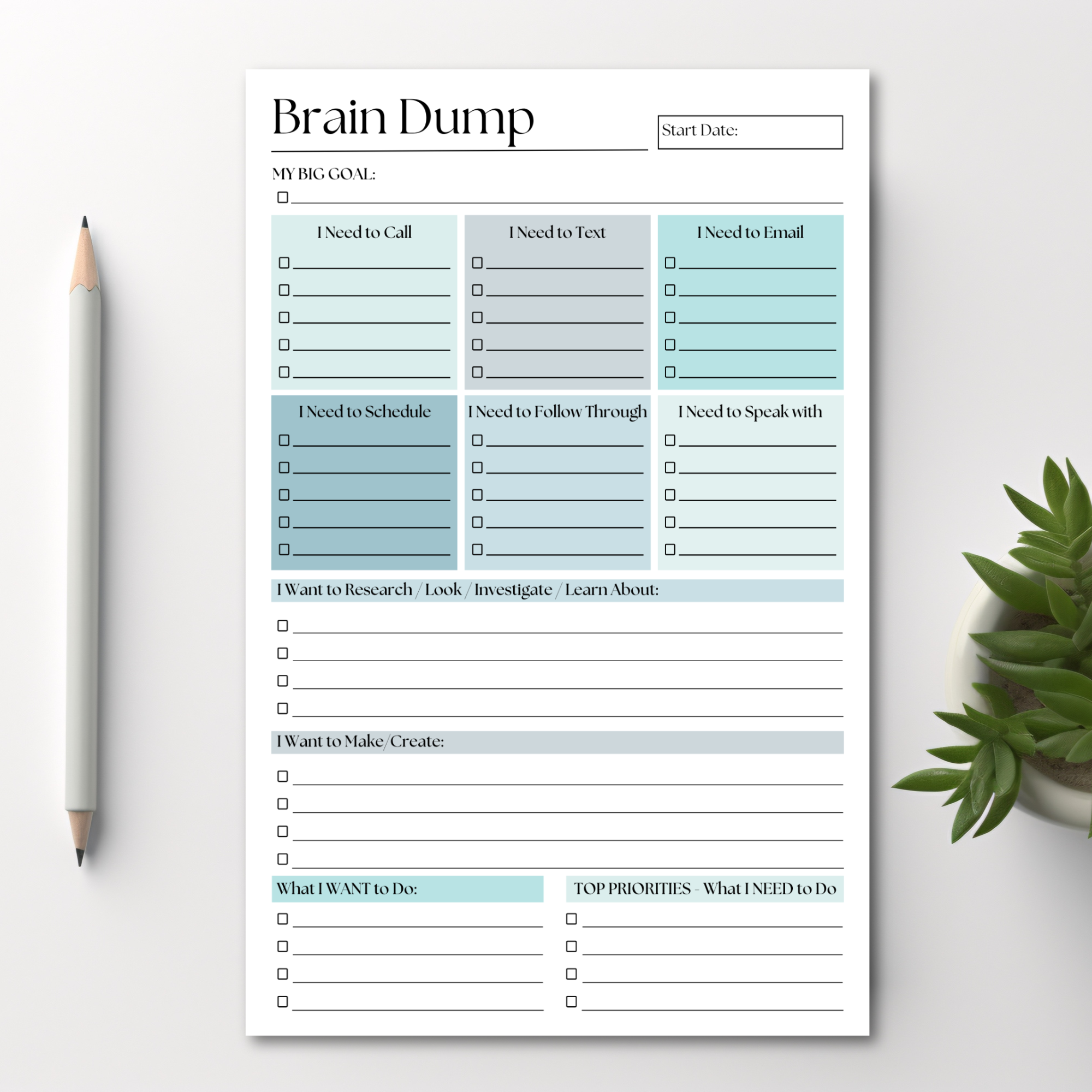 Brain Dump Notepad: Blue 50-Page Daily ADHD Planner