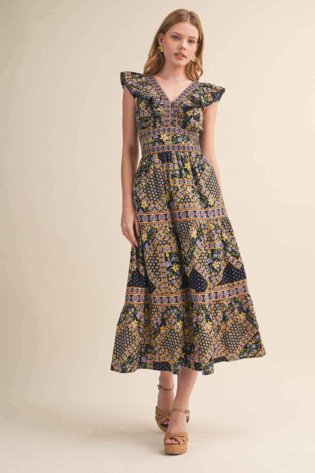 EXCLUSIVE FLORAL PRINT FLUTTER SLEEVE MIDI DRESS MDR4717