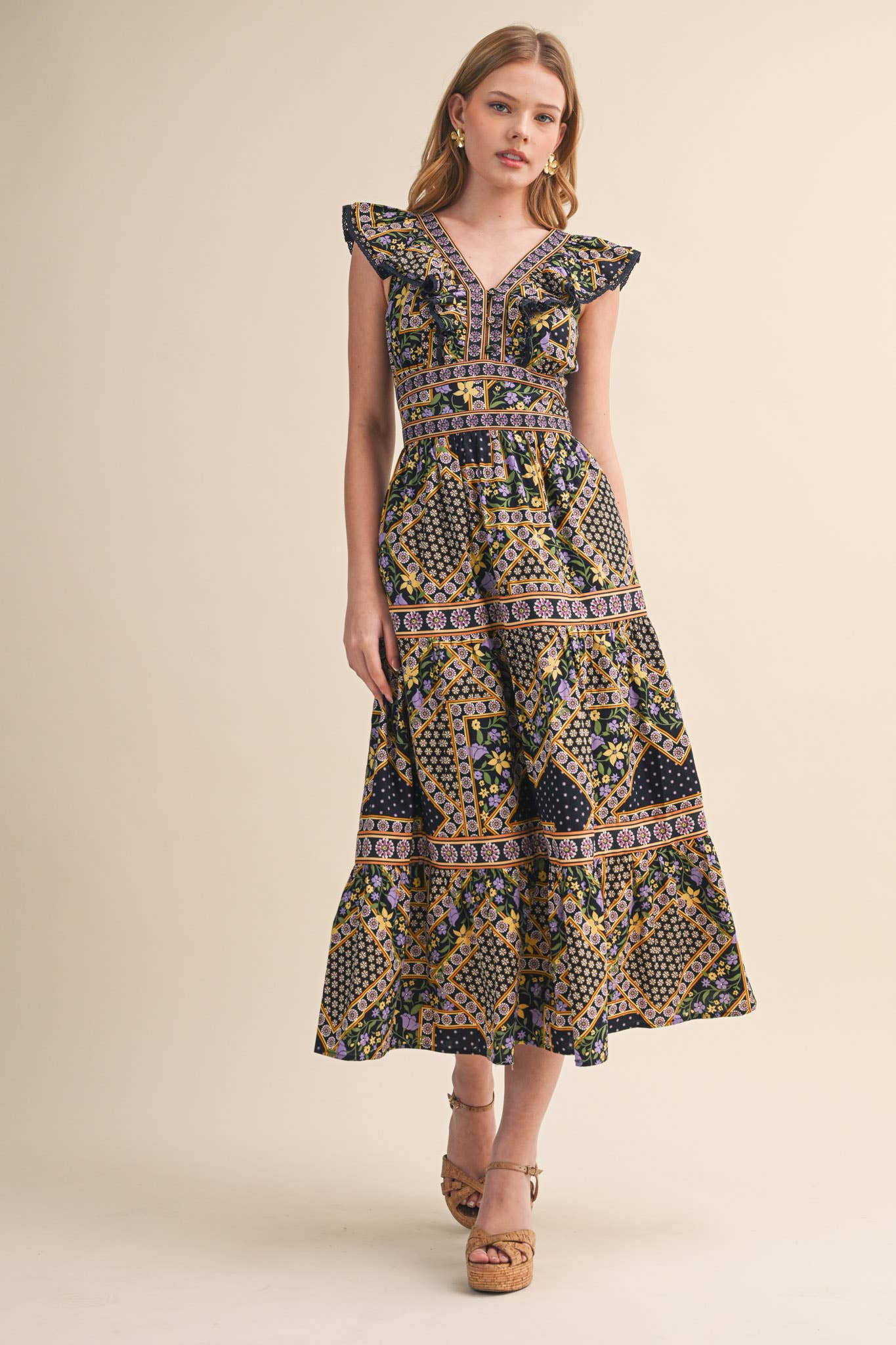 EXCLUSIVE FLORAL PRINT FLUTTER SLEEVE MIDI DRESS MDR4717