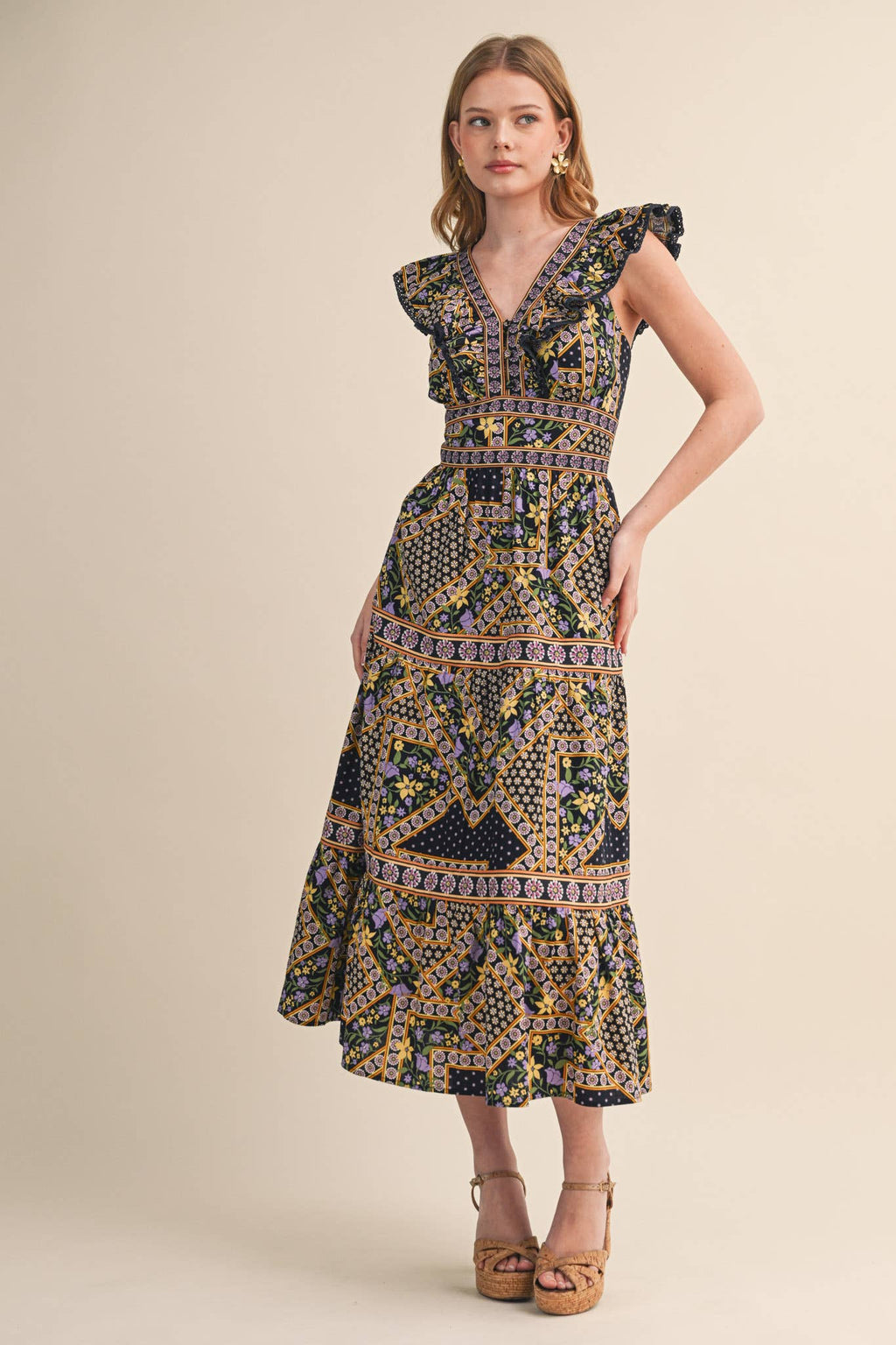 EXCLUSIVE FLORAL PRINT FLUTTER SLEEVE MIDI DRESS MDR4717