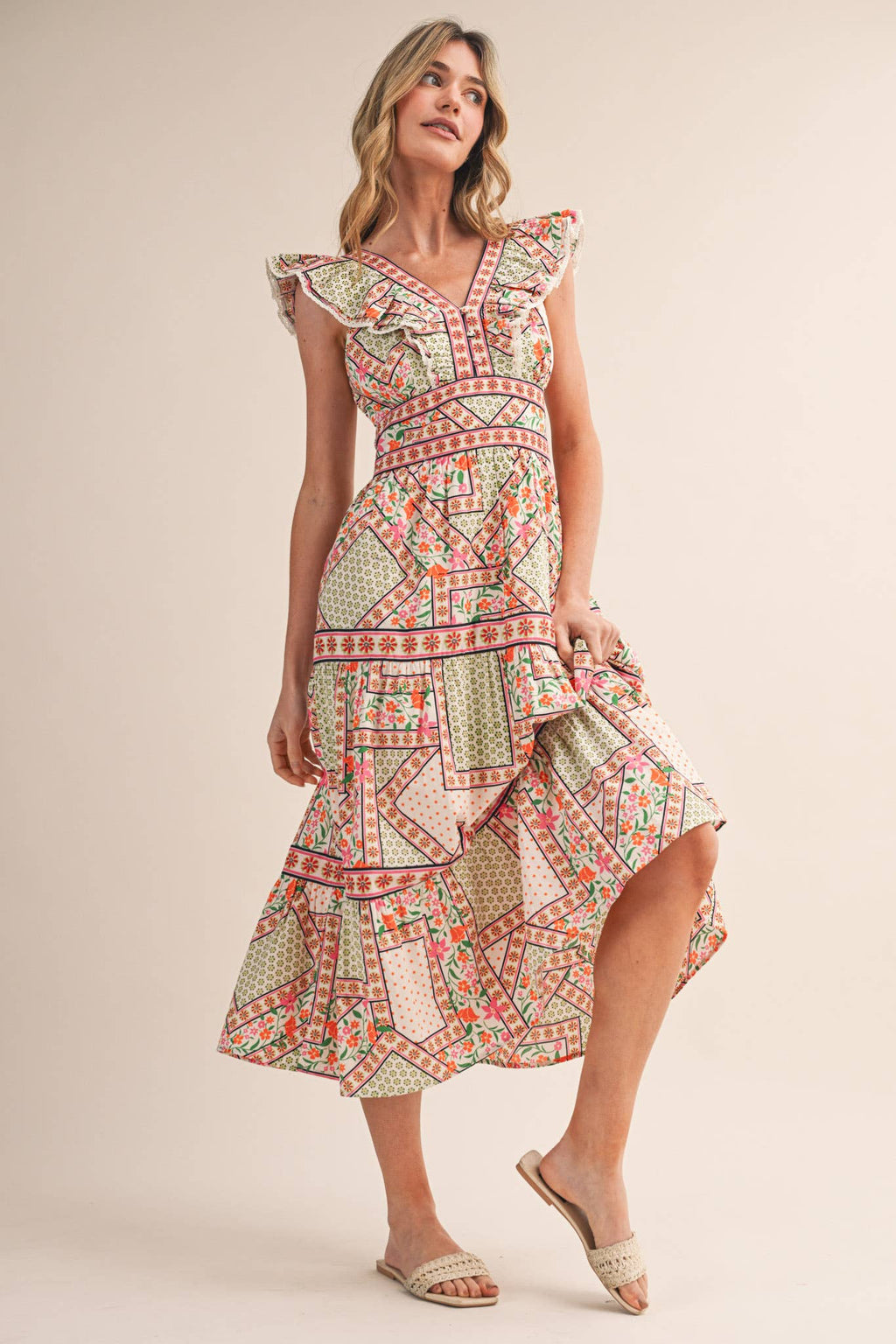 EXCLUSIVE FLORAL PRINT FLUTTER SLEEVE MIDI DRESS MDR4717