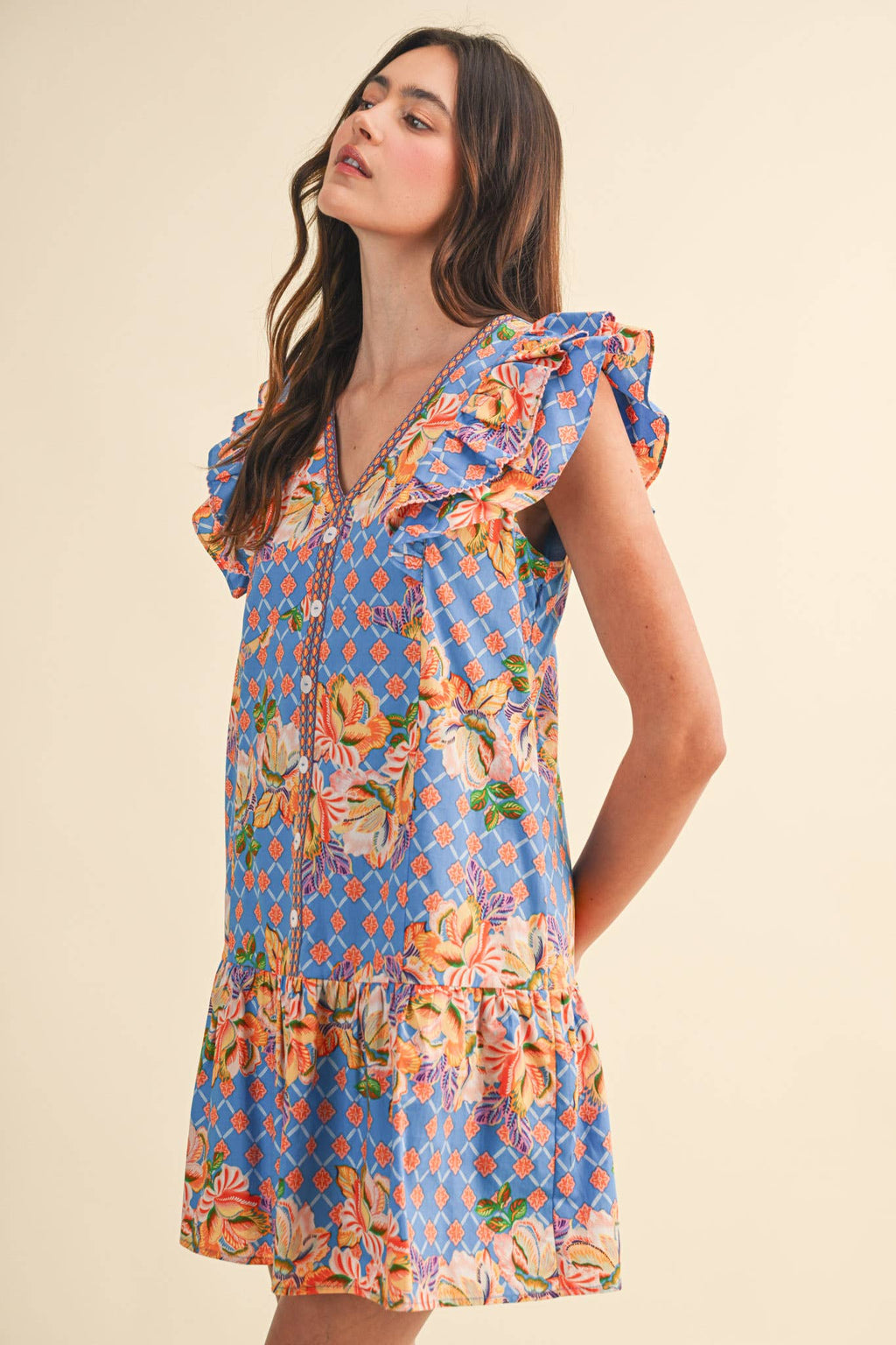EXCLUSIVE FLORAL PRINT FLUTTER SLEEVE MINI DRESS MDR4722