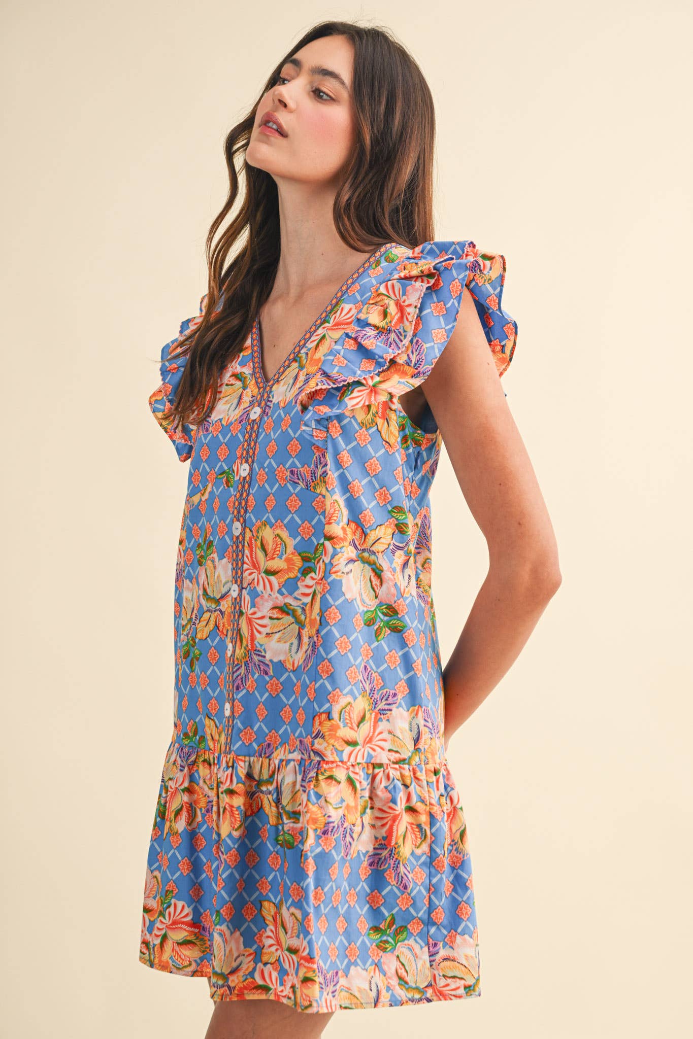 EXCLUSIVE FLORAL PRINT FLUTTER SLEEVE MINI DRESS MDR4722
