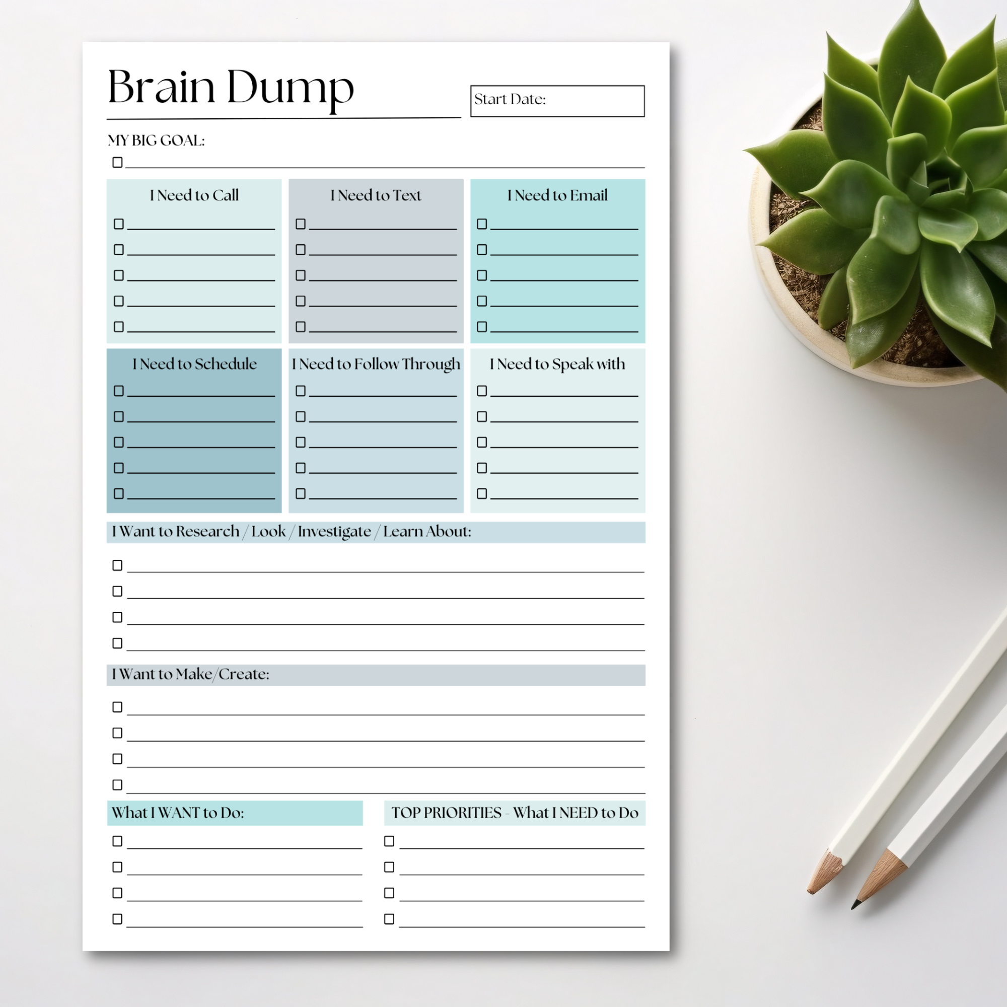 Brain Dump Notepad: Blue 50-Page Daily ADHD Planner