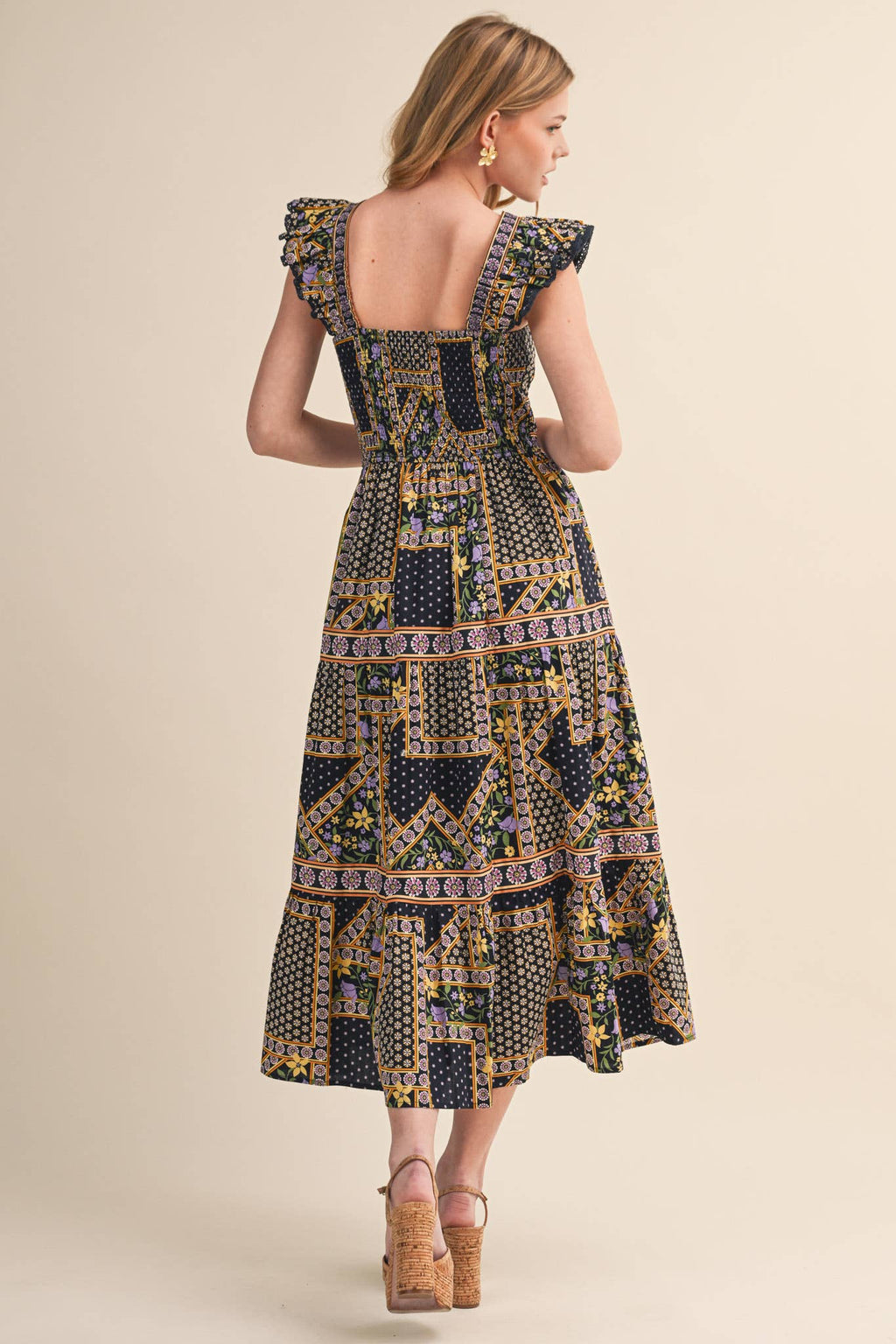 EXCLUSIVE FLORAL PRINT FLUTTER SLEEVE MIDI DRESS MDR4717