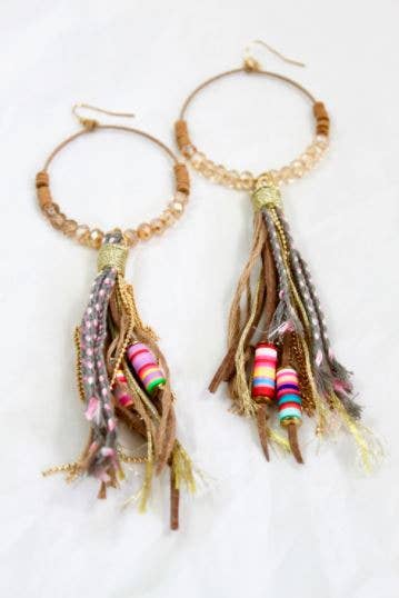 Crystal Beaded Hoop Earrings with Tassel - E001T-Camel
