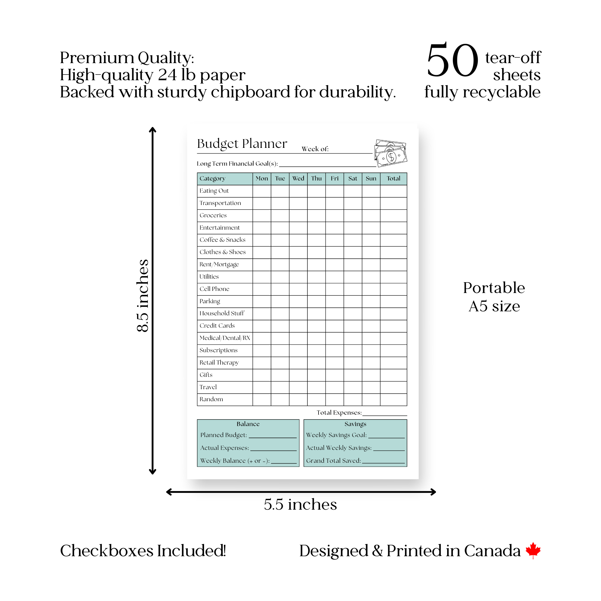Weekly Budget Tracker: 50-Page Notepad