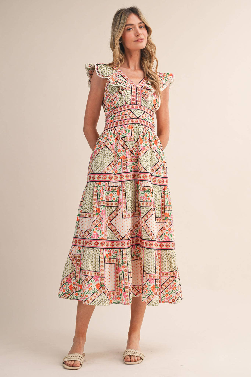 EXCLUSIVE FLORAL PRINT FLUTTER SLEEVE MIDI DRESS MDR4717