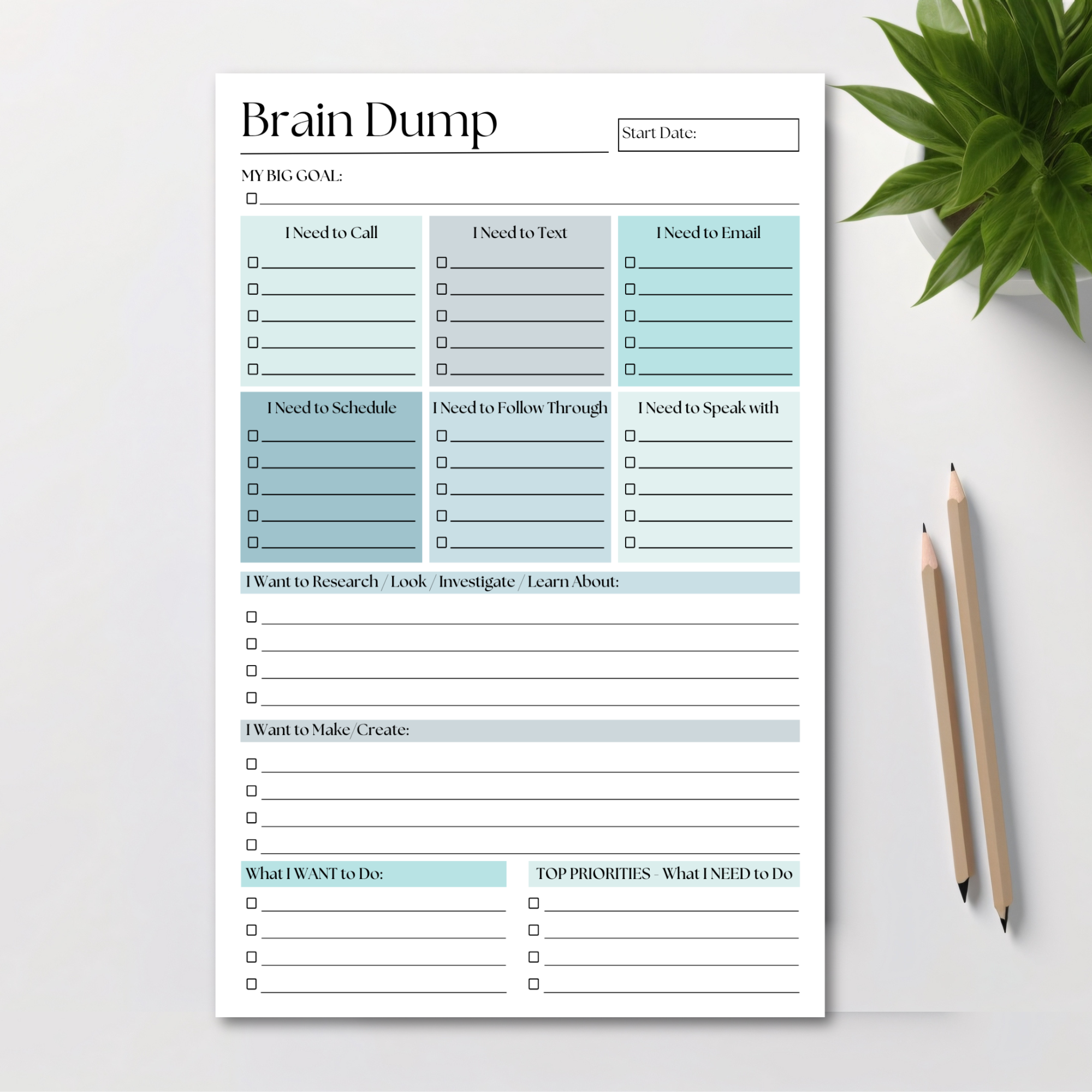 Brain Dump Notepad: Blue 50-Page Daily ADHD Planner