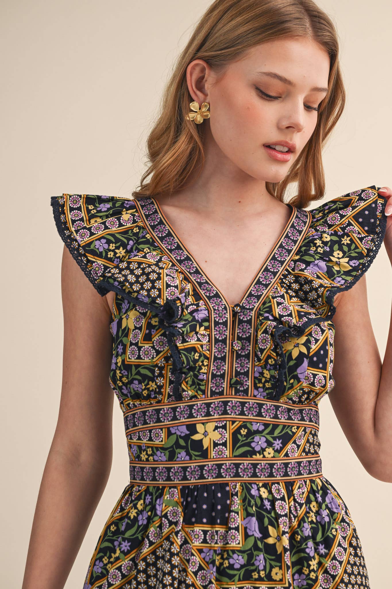 EXCLUSIVE FLORAL PRINT FLUTTER SLEEVE MIDI DRESS MDR4717