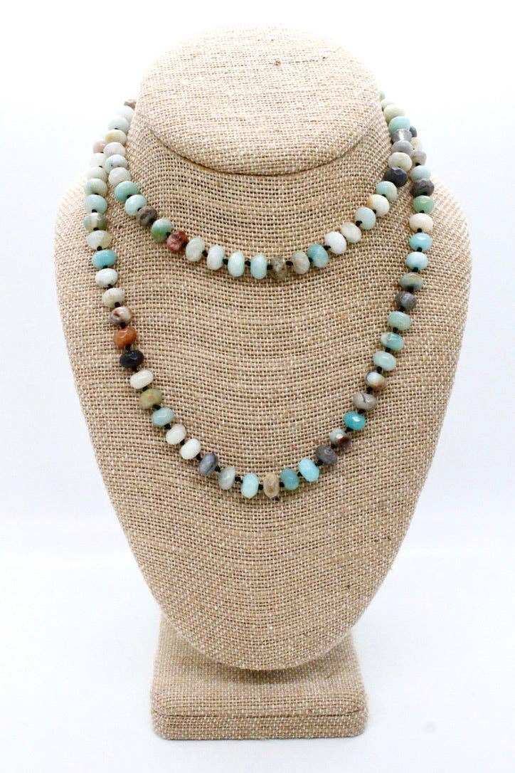 Hand-Knotted Long Faceted Amazonite Rondelle Bead Necklace - NL-AZ1