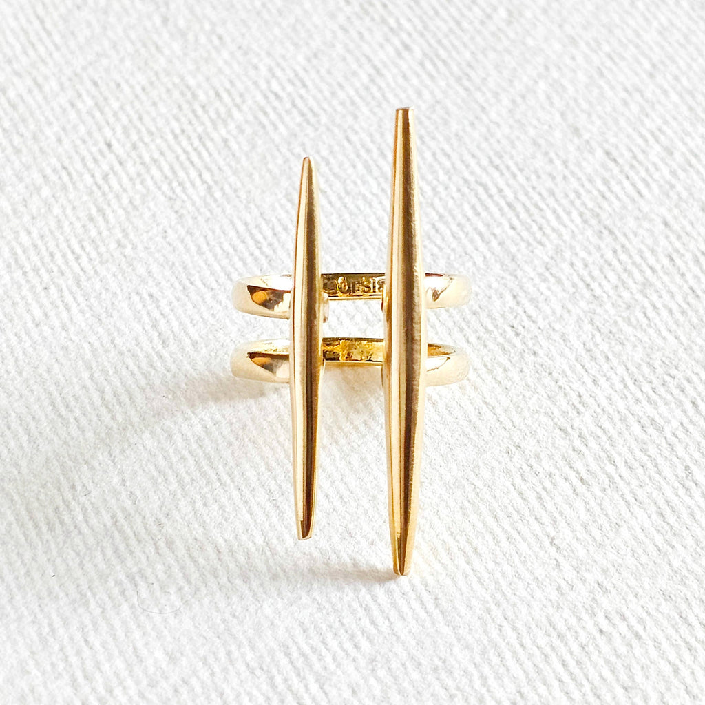 Solid brass double spike needle adjustable ring handcrafted