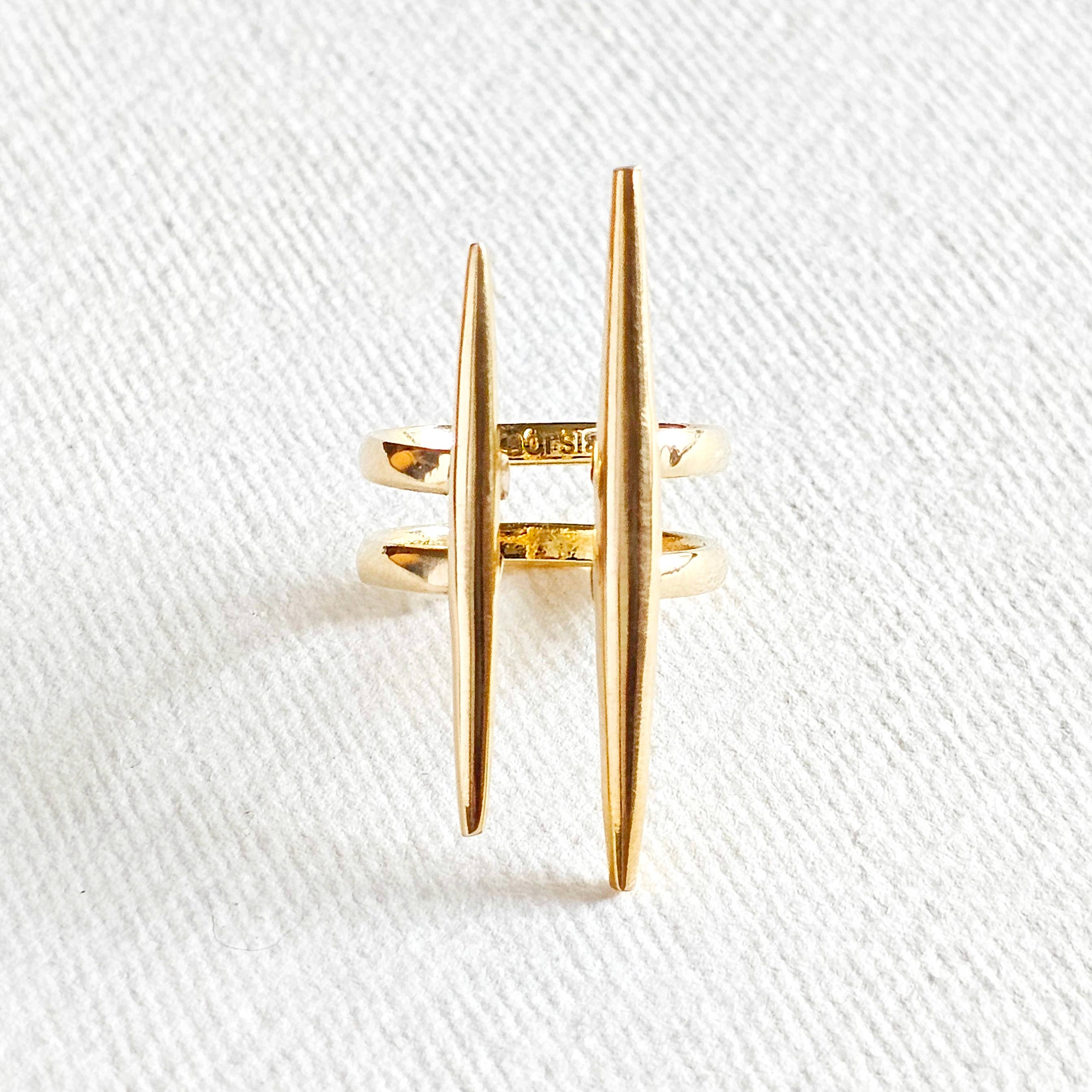Solid brass double spike needle adjustable ring handcrafted