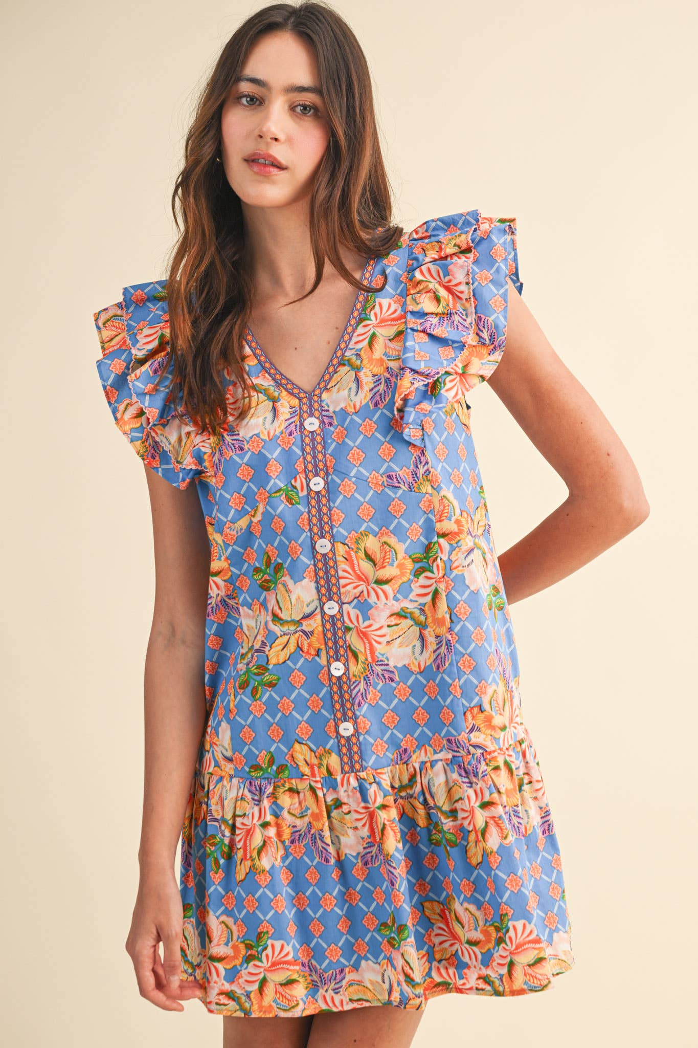 EXCLUSIVE FLORAL PRINT FLUTTER SLEEVE MINI DRESS MDR4722