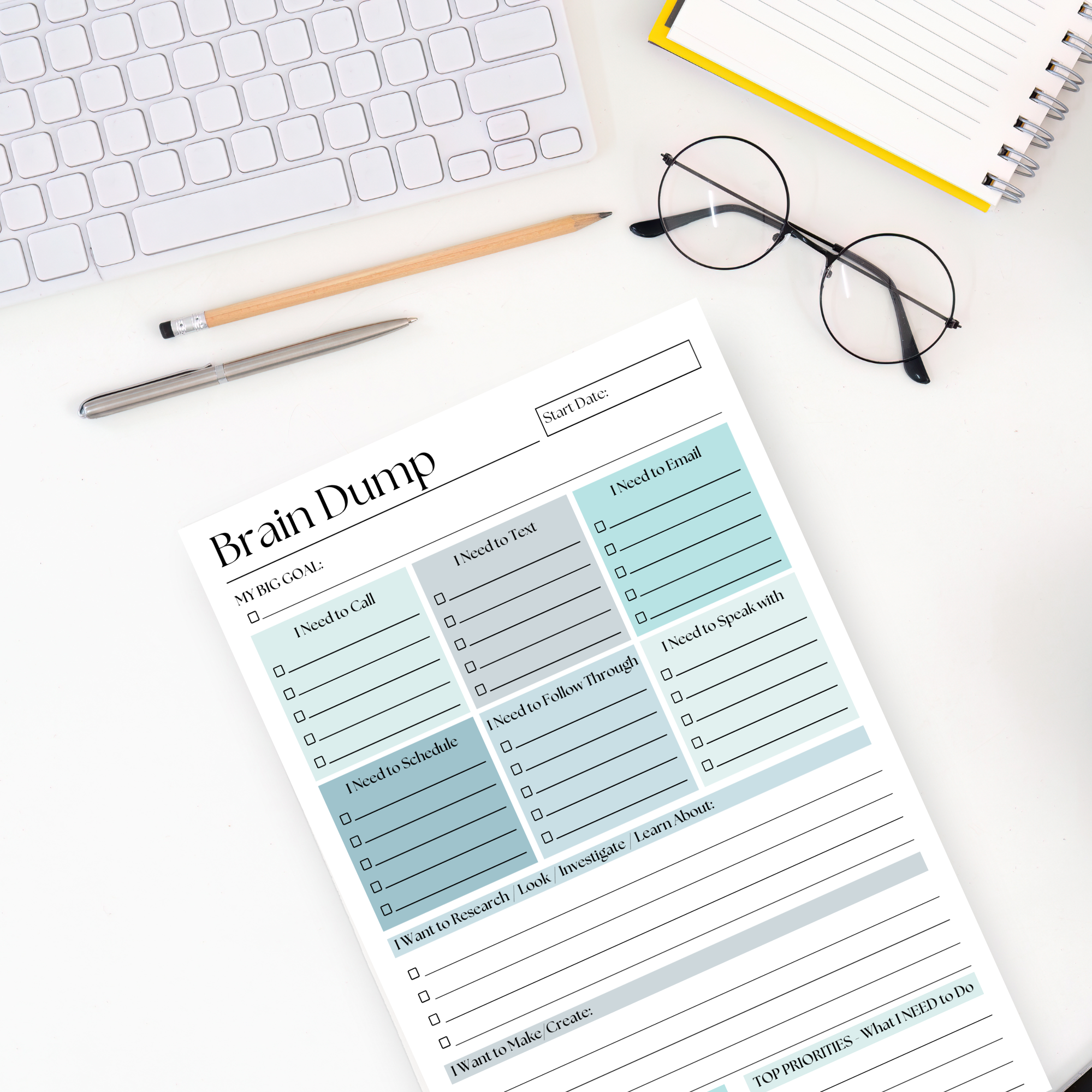 Brain Dump Notepad: Blue 50-Page Daily ADHD Planner
