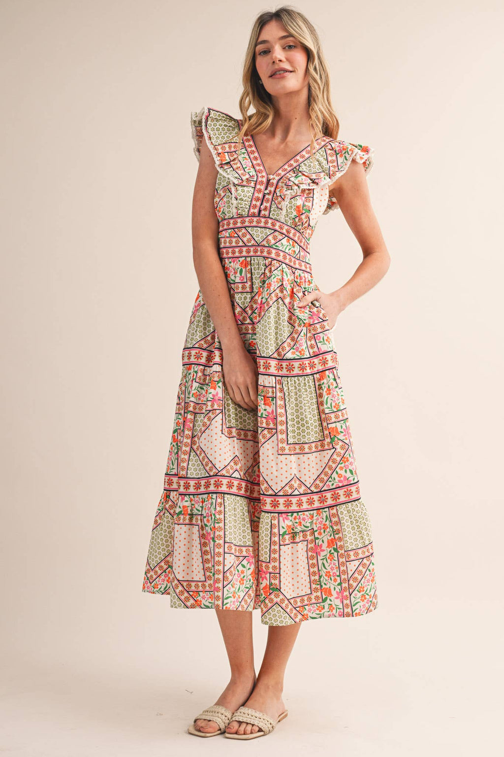 EXCLUSIVE FLORAL PRINT FLUTTER SLEEVE MIDI DRESS MDR4717