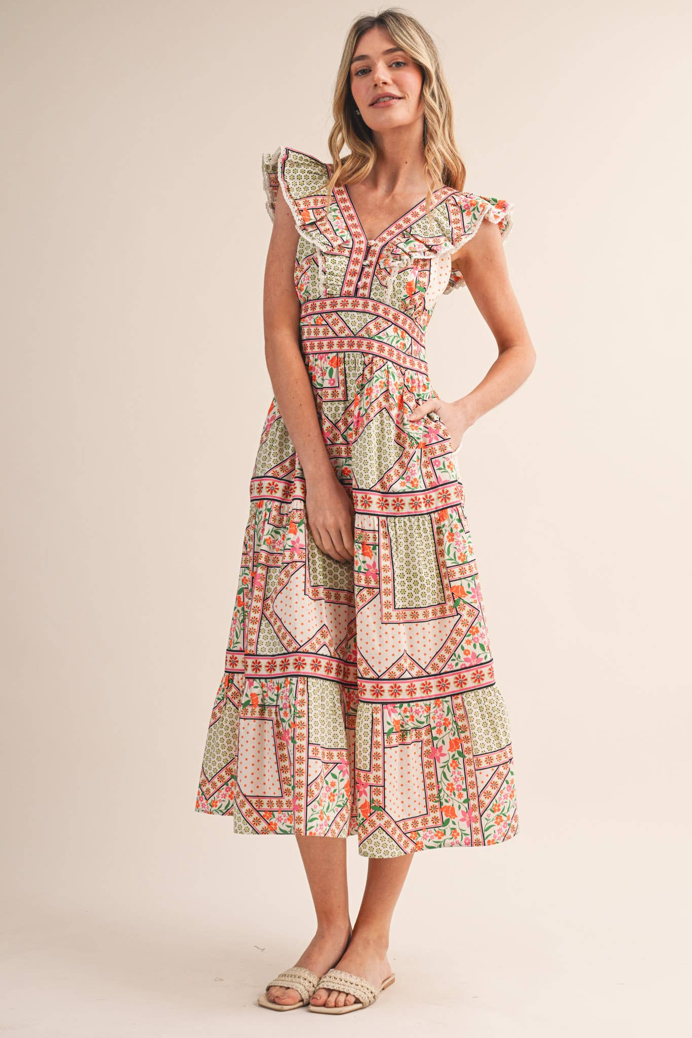 EXCLUSIVE FLORAL PRINT FLUTTER SLEEVE MIDI DRESS MDR4717