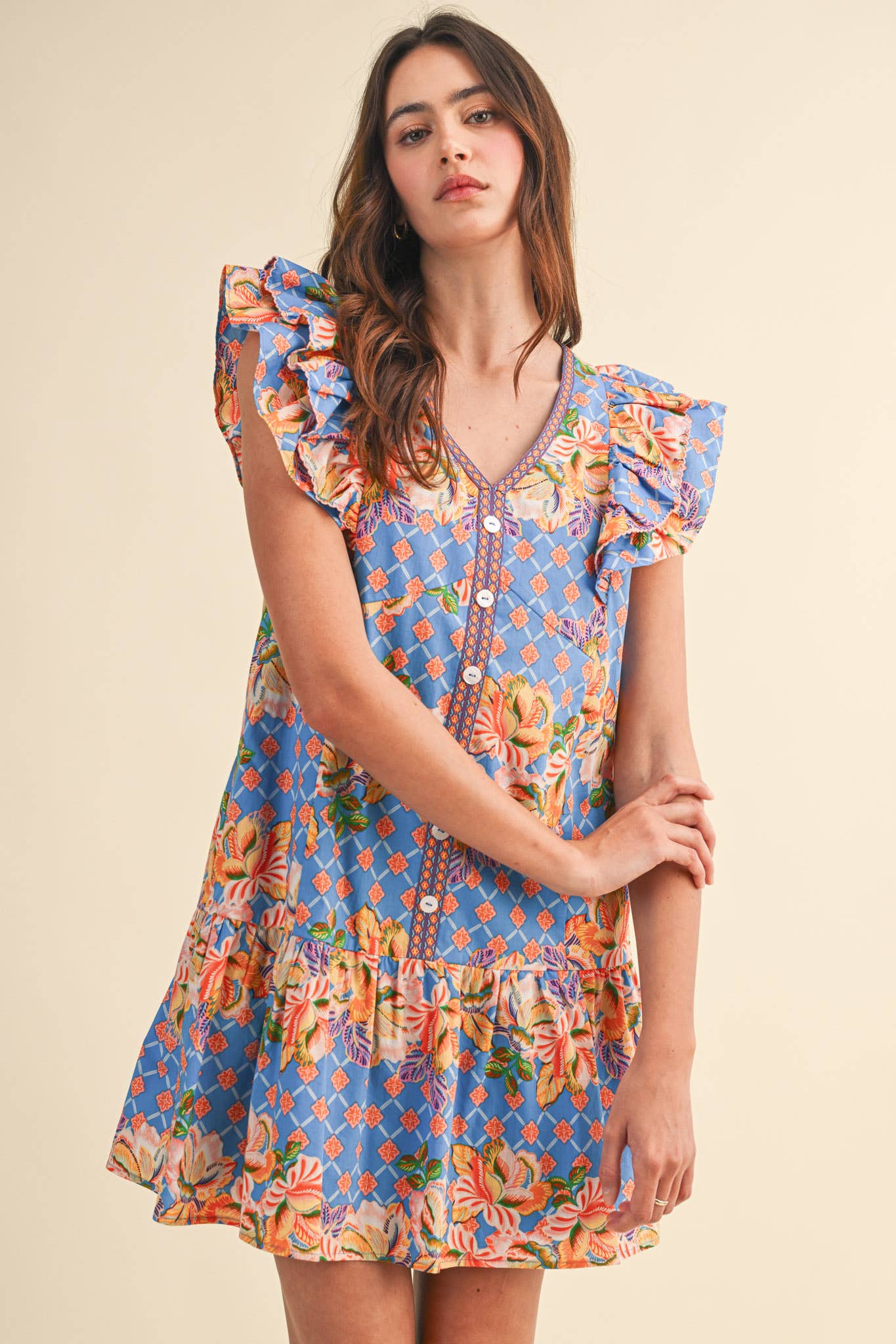 EXCLUSIVE FLORAL PRINT FLUTTER SLEEVE MINI DRESS MDR4722
