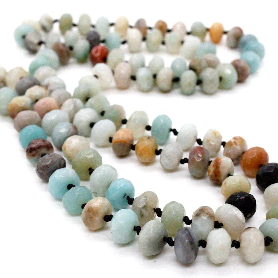 Hand-Knotted Long Faceted Amazonite Rondelle Bead Necklace - NL-AZ1