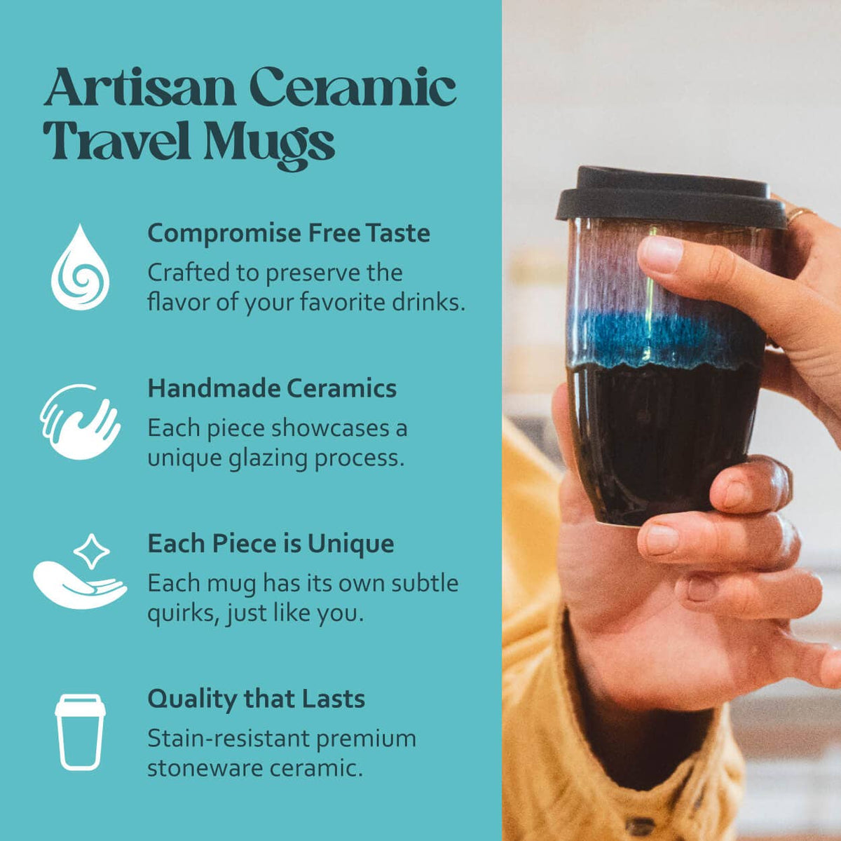 Nova Ceramics Travel Mugs - Monsoon Ceramic Mug – 12oz Reusable Cup with Lid