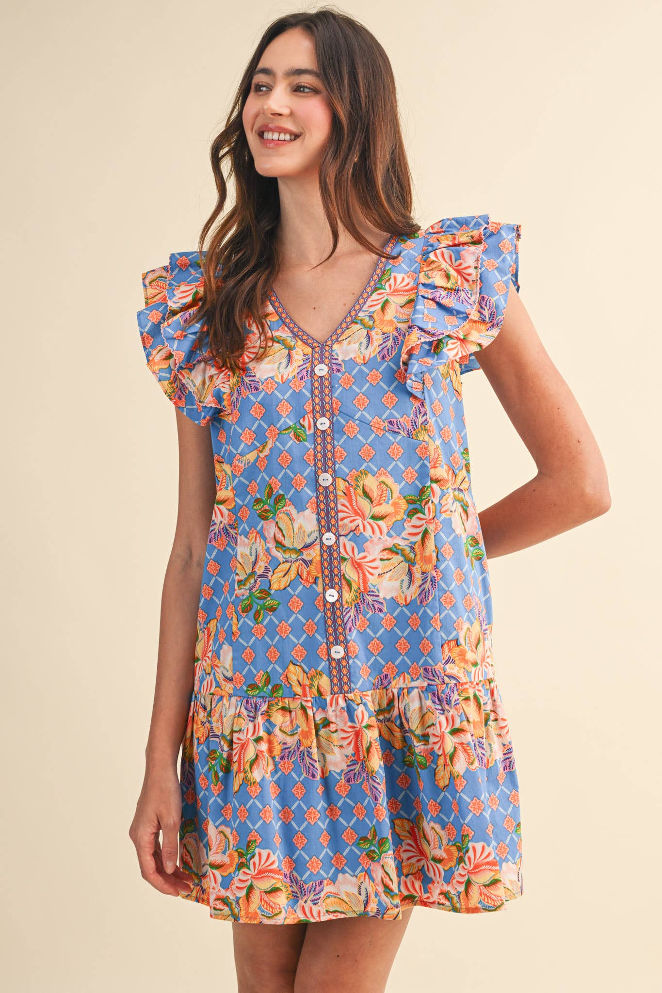 EXCLUSIVE FLORAL PRINT FLUTTER SLEEVE MINI DRESS MDR4722
