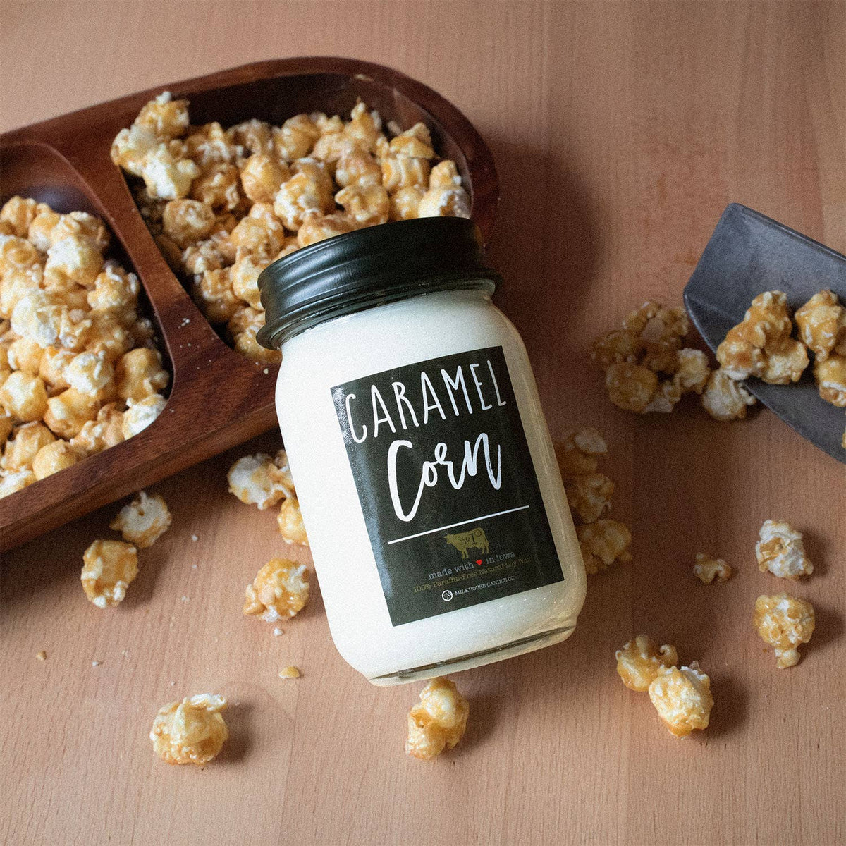 Milkhouse Candle Company - 13 oz Mason Jar Fall Candle: Caramel Corn