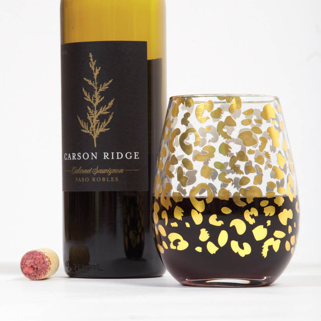 8 Oak Lane - Stemless Wine Glass, Gold Leopard Print, 20 Oz Set of 2
