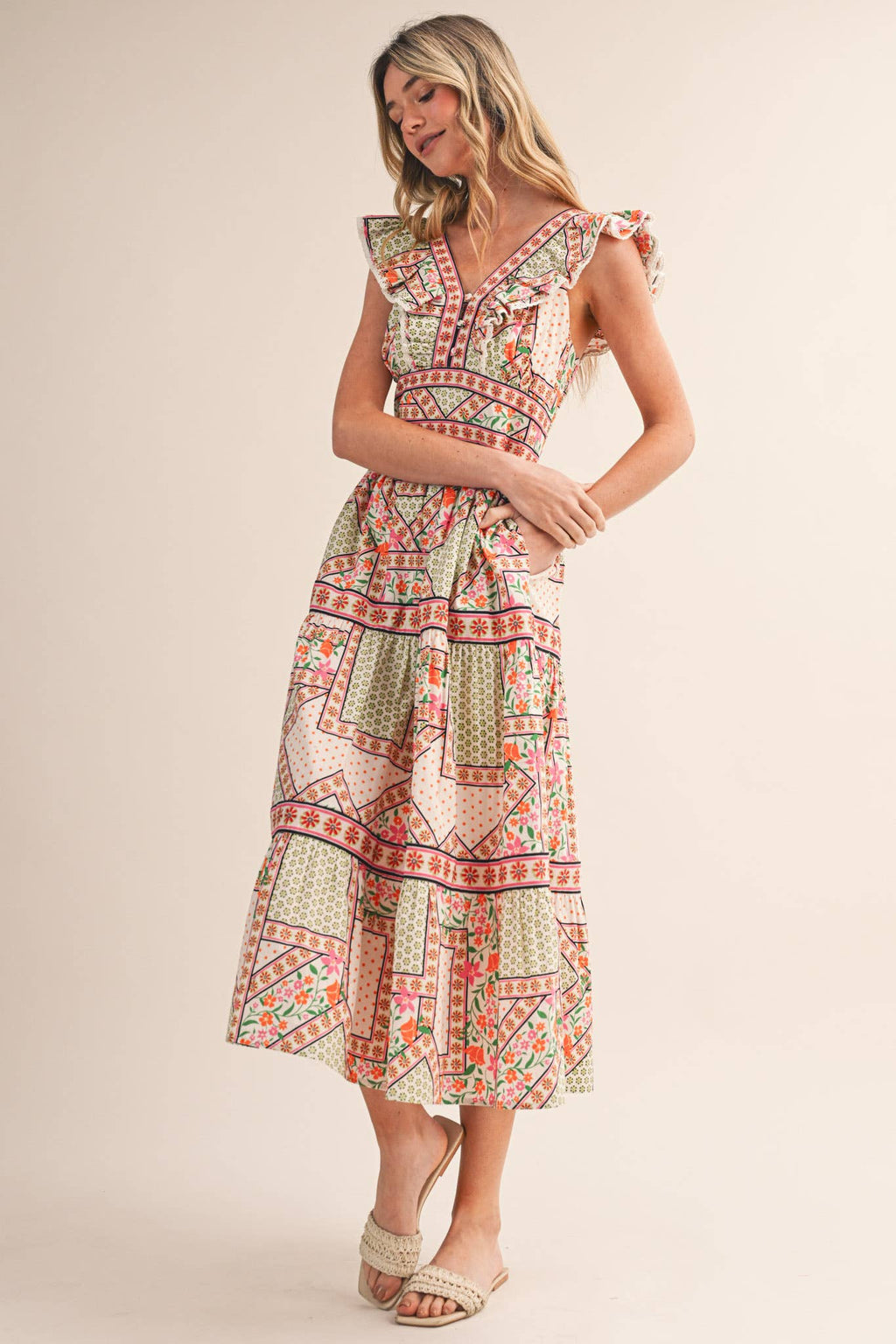 EXCLUSIVE FLORAL PRINT FLUTTER SLEEVE MIDI DRESS MDR4717