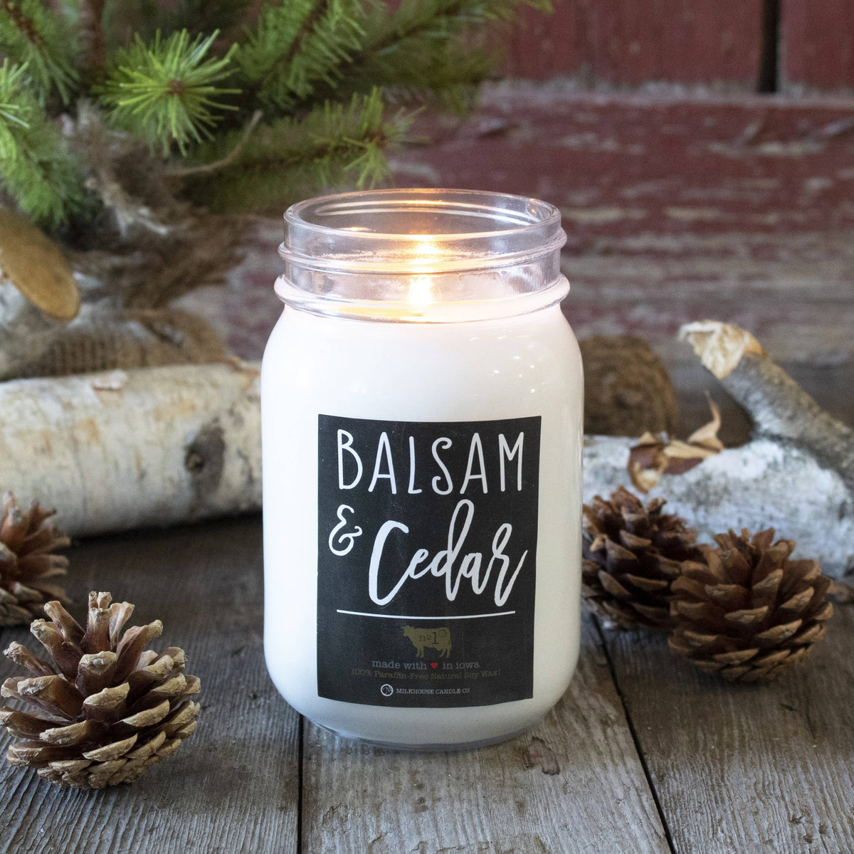 Milkhouse Candle Company - 13 oz Mason Jar Christmas Candle: Balsam & Cedar